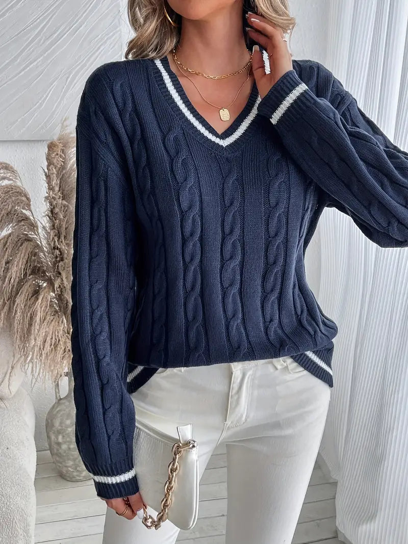 Harriet Collingsworth | Cable Knit V-Neck Sweater For Women