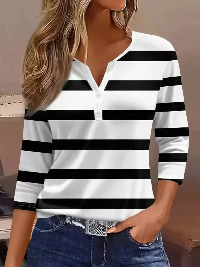 Diana Holloway | Striped 3/4 Sleeve V-Neck Top For Women