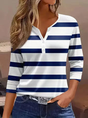 Diana Holloway | Striped 3/4 Sleeve V-Neck Top For Women