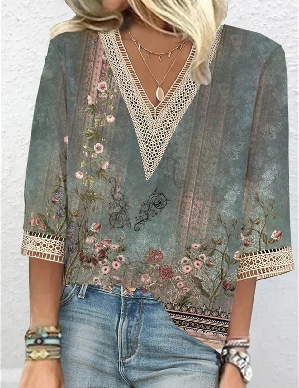 Elaine Colbert | Gold Print Lace Trim Blouse For Women
