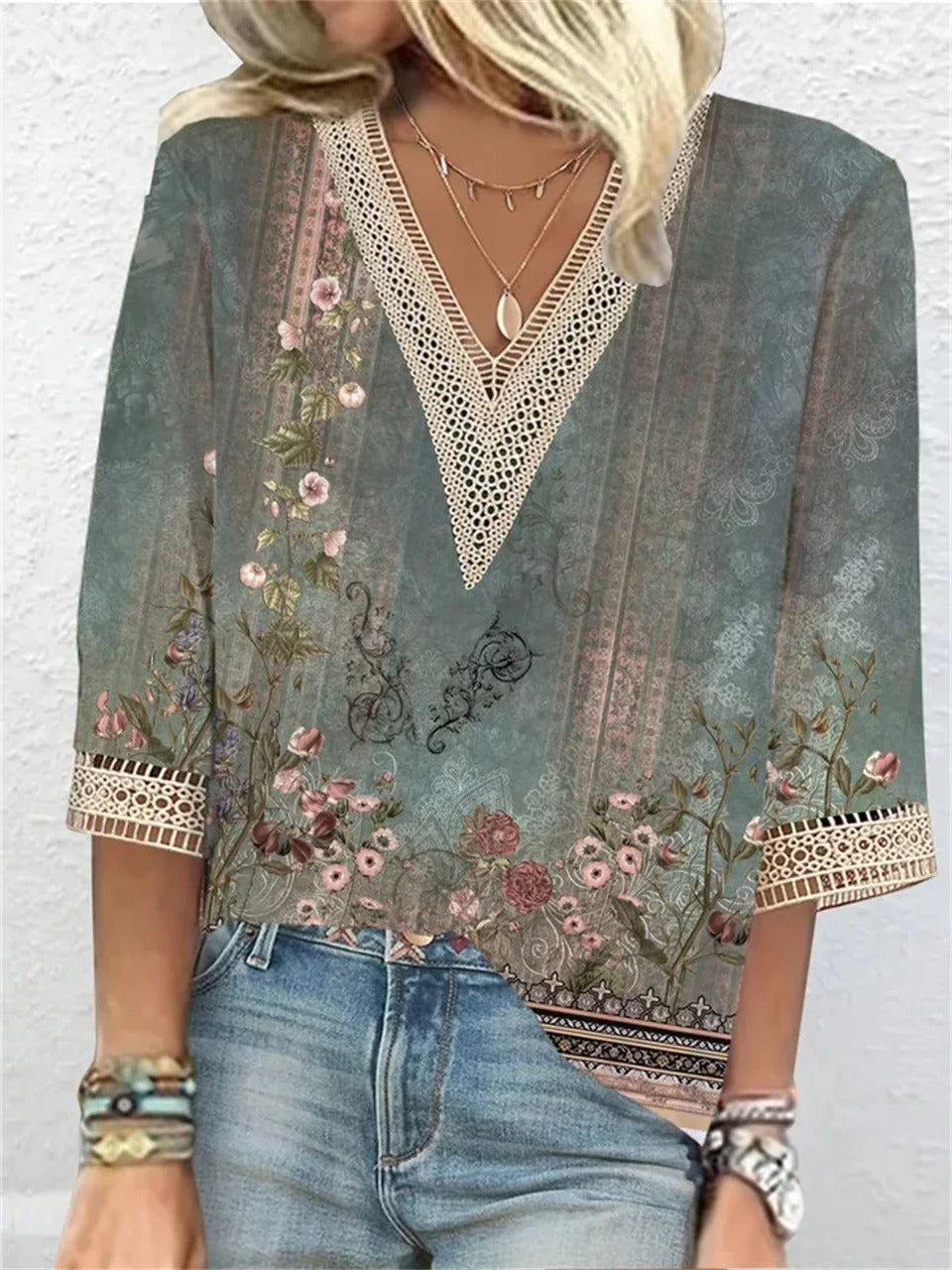 Elaine Colbert | Gold Print Lace Trim Blouse For Women