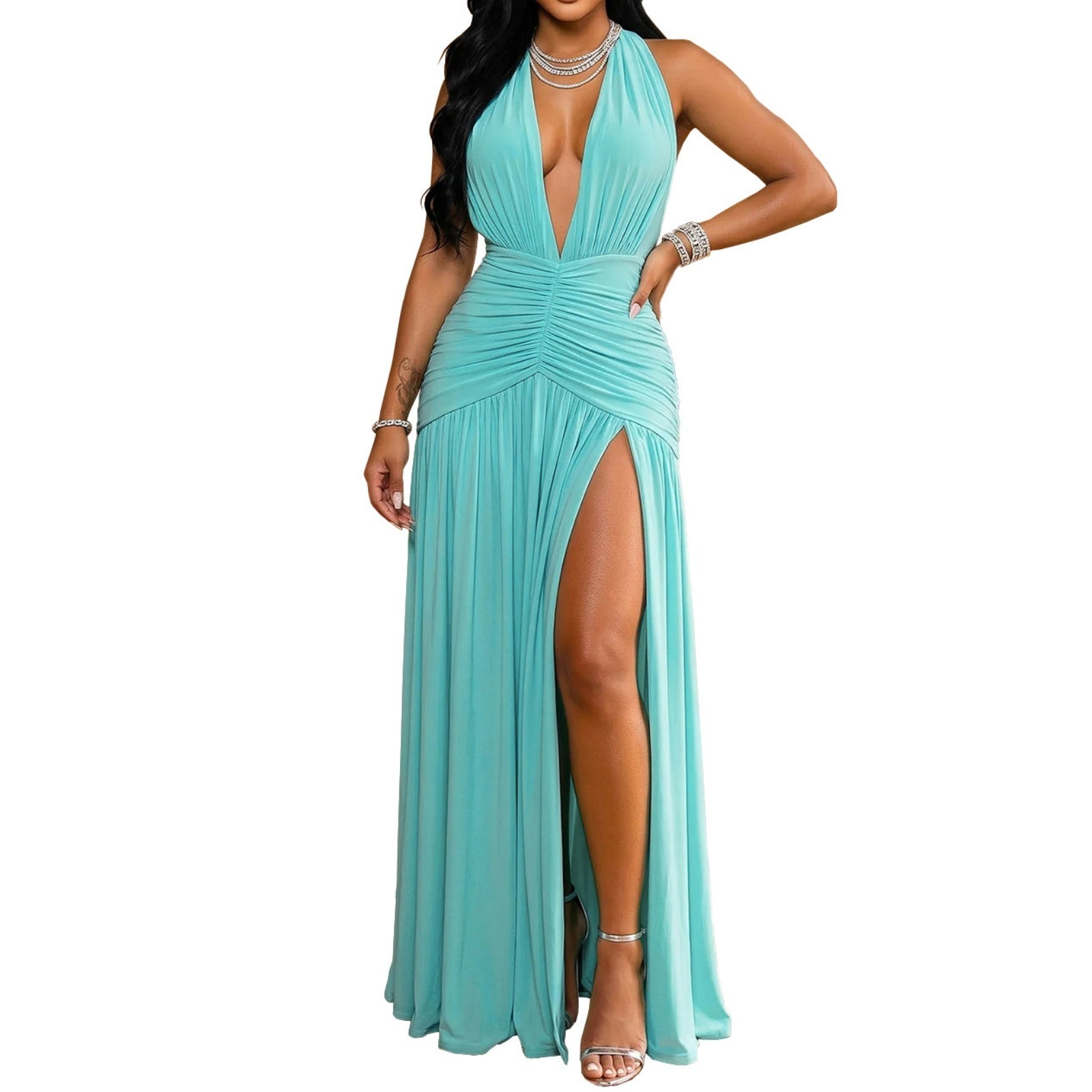 Talia Fairweather | Deep V-Neck Halter Formal Maxi Dress For Women