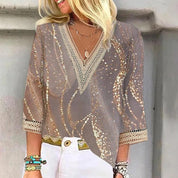 Elaine Colbert | Gold Print Lace Trim Blouse For Women