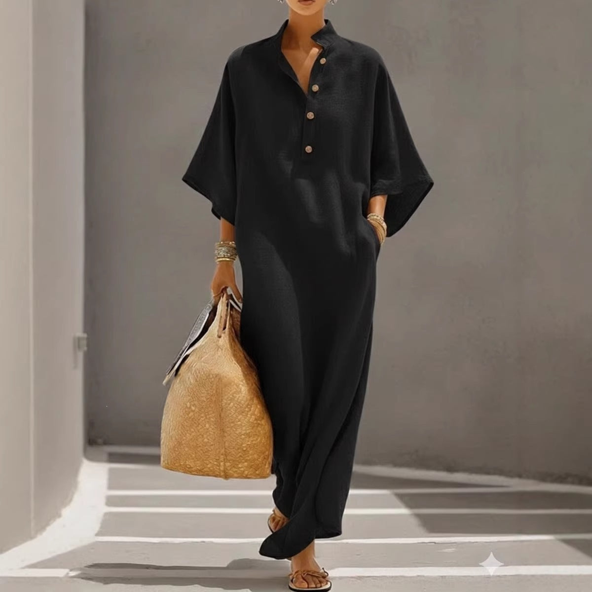 Eleanor Fairfax | Linen Maxi Dress With Stand Collar For Women