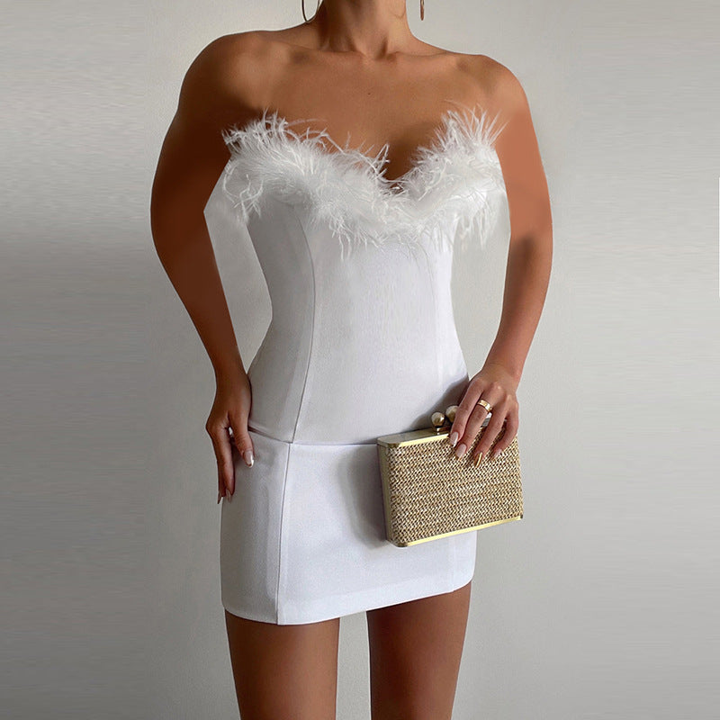 Elodie Marchmont | Feather Trim Cocktail Mini Dress For Women