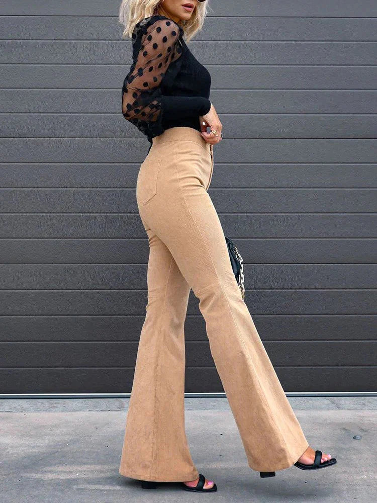 Greta Dunmore | High Waist Flared Corduroy Trousers For Women