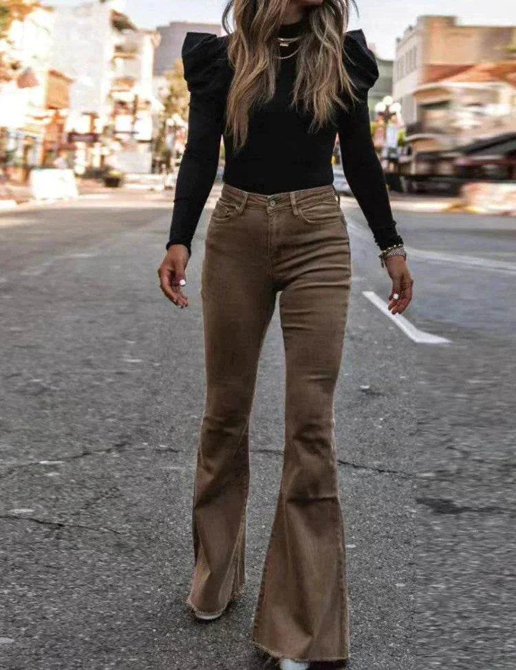 Greta Dunmore | High Waist Flared Corduroy Trousers For Women