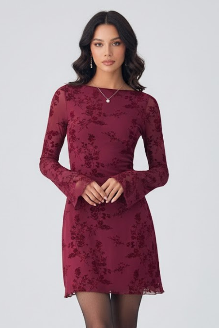 Vivienne Calloway | Floral Mesh Long Sleeve Mini Dress For Women