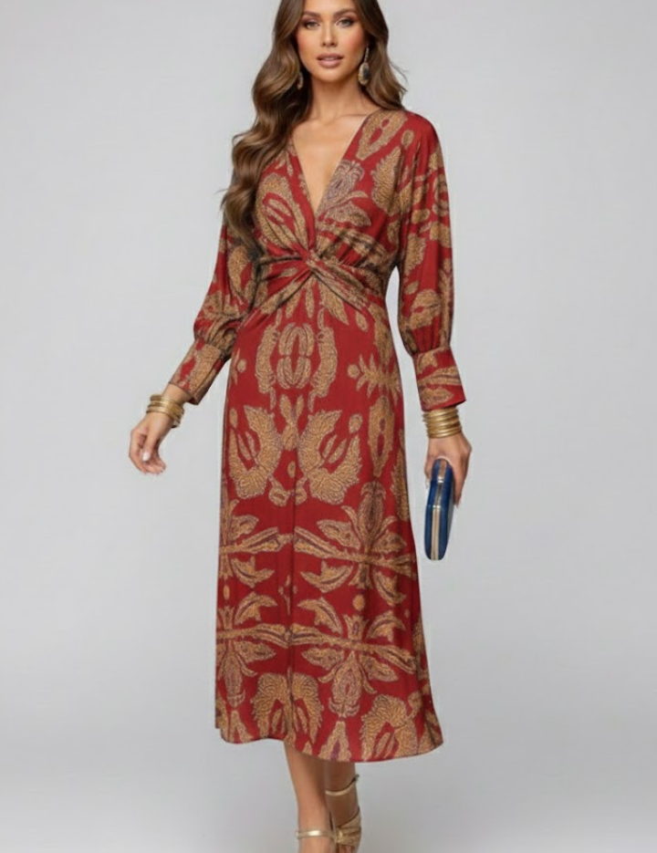 Constance Waverly | Paisley Print Long Sleeve Maxi Dress For Women