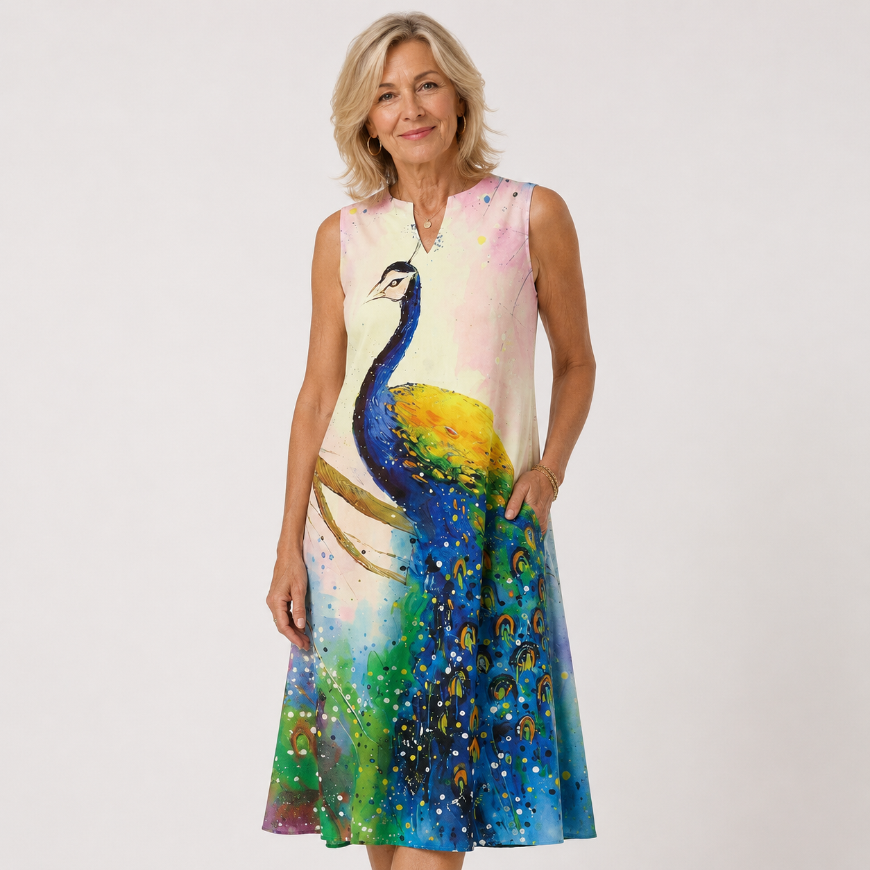 Genevieve Marlowe | Peacock Print Sleeveless Maxi Dress For Women