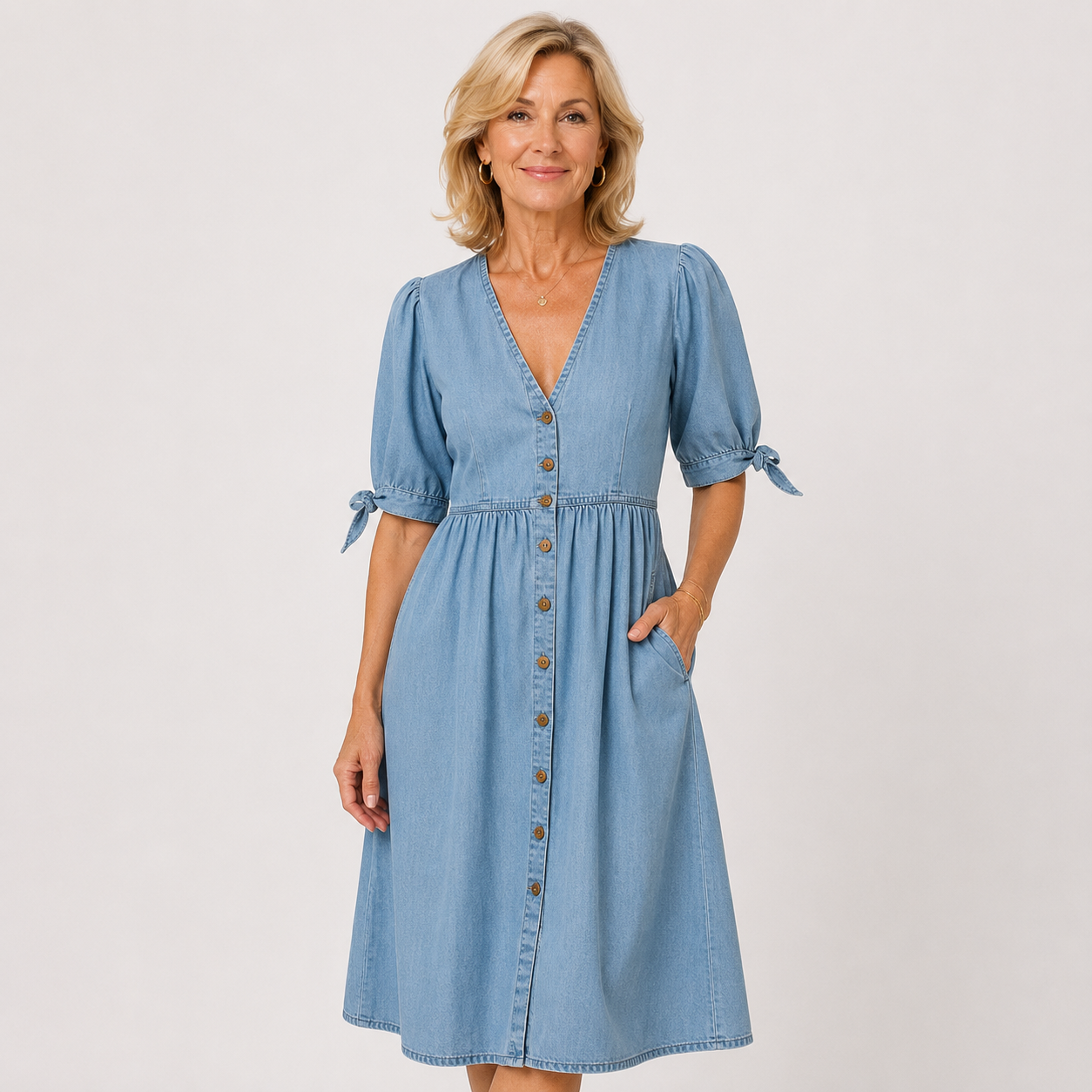 Caroline Whitfield | Button-Front Denim Midi Dress For Women