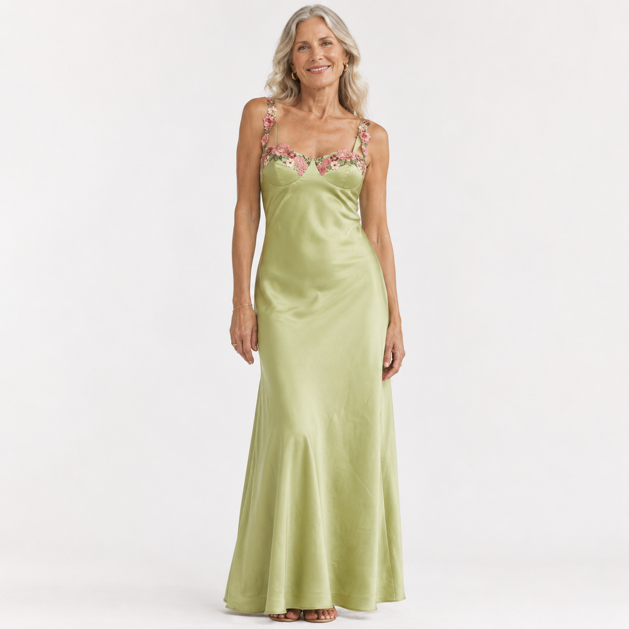 Genevieve Rosland | Floral Embroidered Satin Maxi Dress For Women