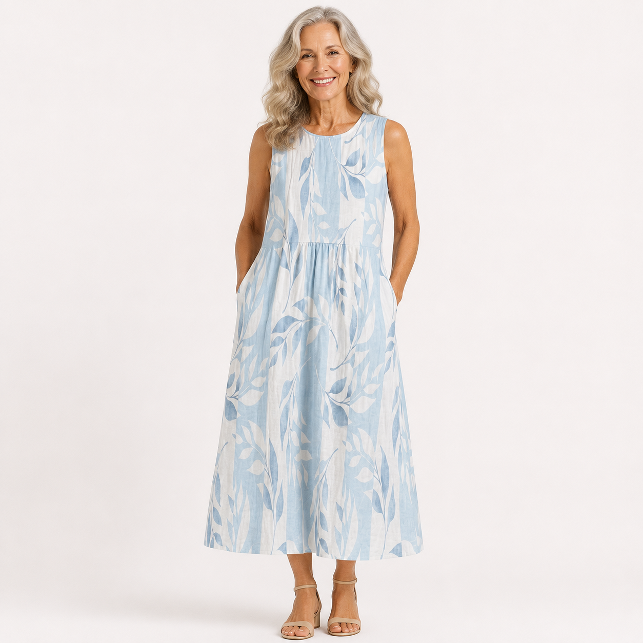 Priscilla Davenport | Sleeveless Leaf Print Midi Dress For Women
