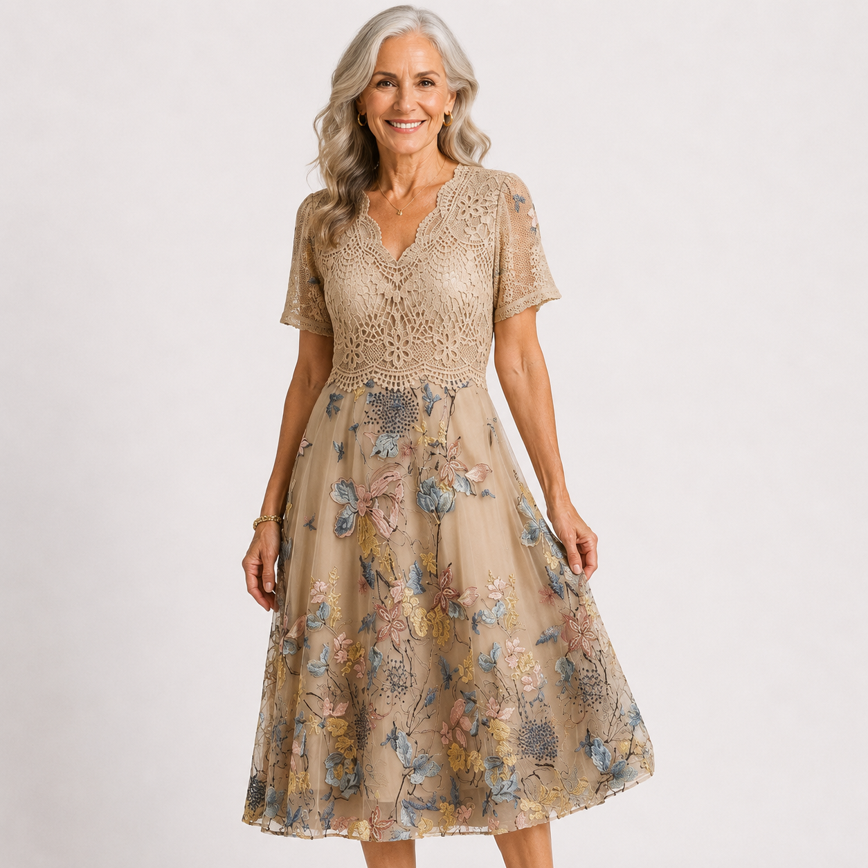 Beatrix Lourdes | Floral Embroidered Lace Midi Dress For Women