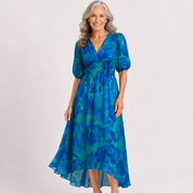 Camille Devereux | Floral Print Midi Dress with Puff Sleeves For Women