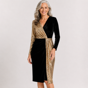 Nadine Bellcourt | Gold Sequin & Black Wrap Midi Dress For Women