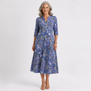 Rowena Bellflower | Floral Print Midi Dress 3/4 Sleeve For Women