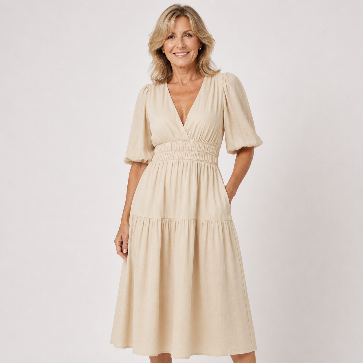 Arabella Sinclair | Puff Sleeve V-Neck Midi Dress For Women