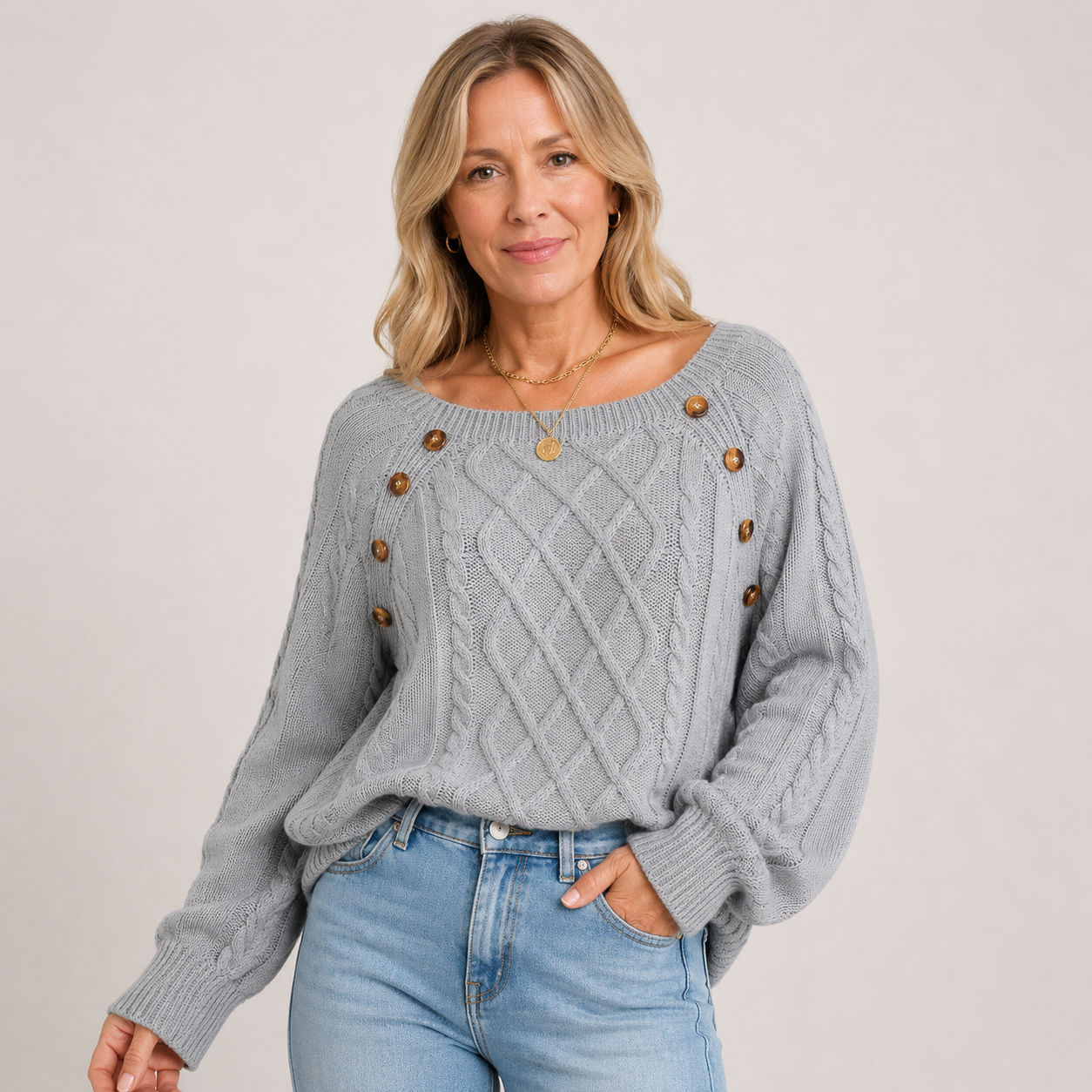 Margaret Stoneleigh | Cable Knit Button Detail Sweater For Women