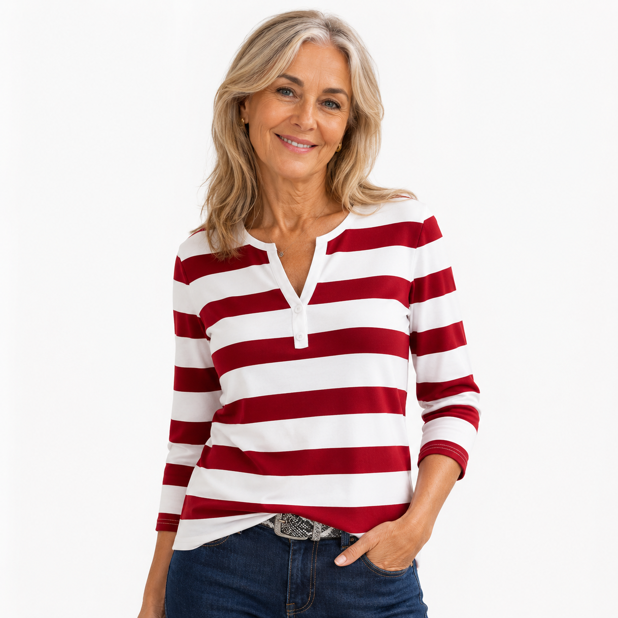 Diana Holloway | Striped 3/4 Sleeve V-Neck Top For Women