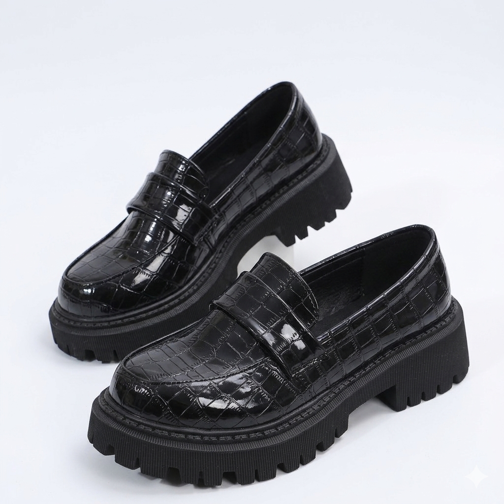 Harriet Colbourne | Croc-Embossed Black Platform Loafers For Women