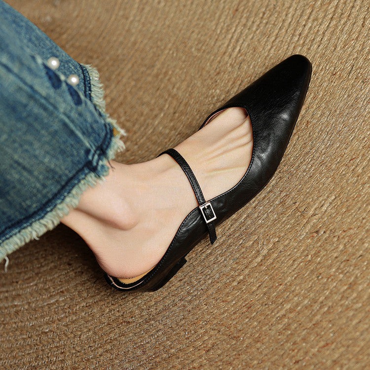Elaine Foxbury | Pointed Toe Leather Buckle Flat For Women
