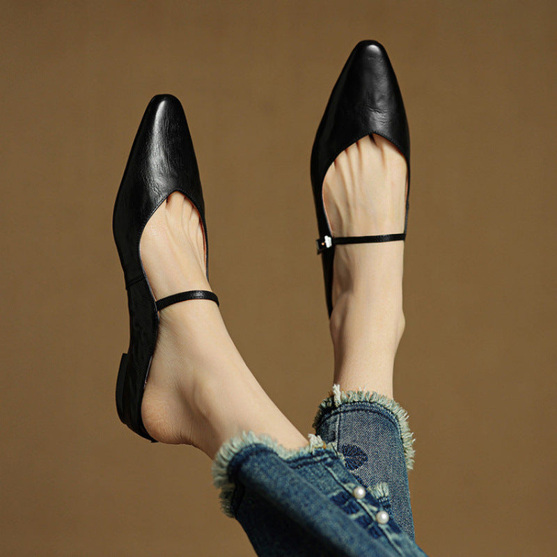 Elaine Foxbury | Pointed Toe Leather Buckle Flat For Women