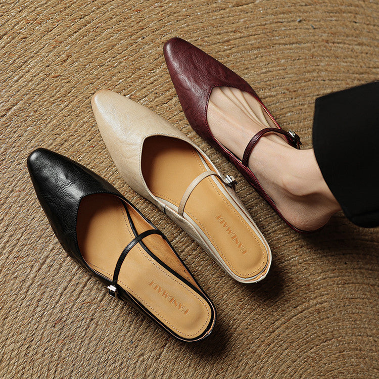 Elaine Foxbury | Pointed Toe Leather Buckle Flat For Women
