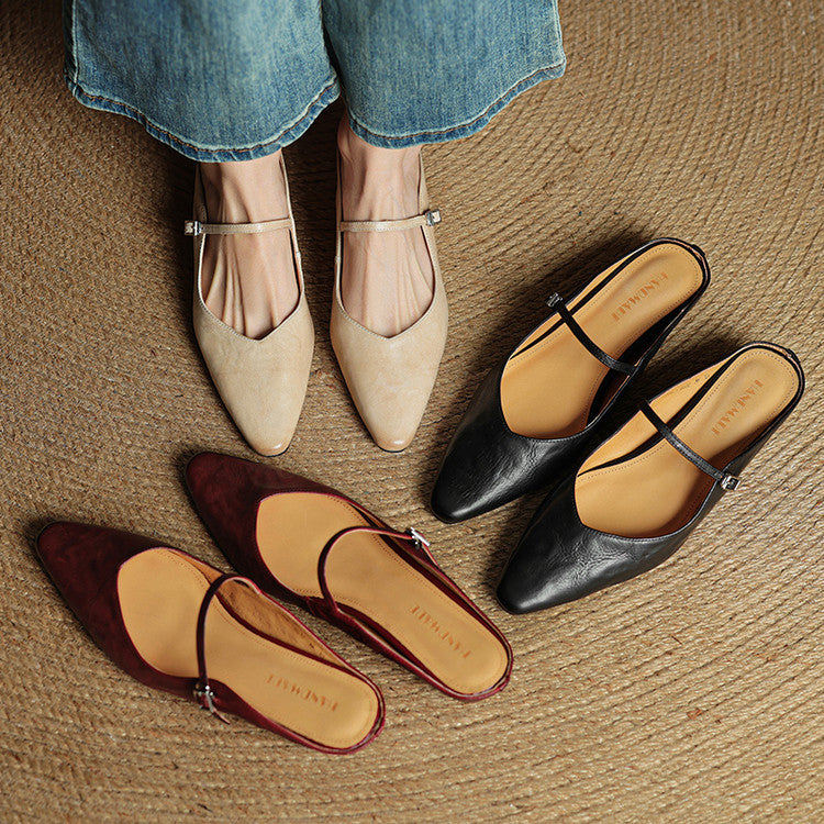 Elaine Foxbury | Pointed Toe Leather Buckle Flat For Women