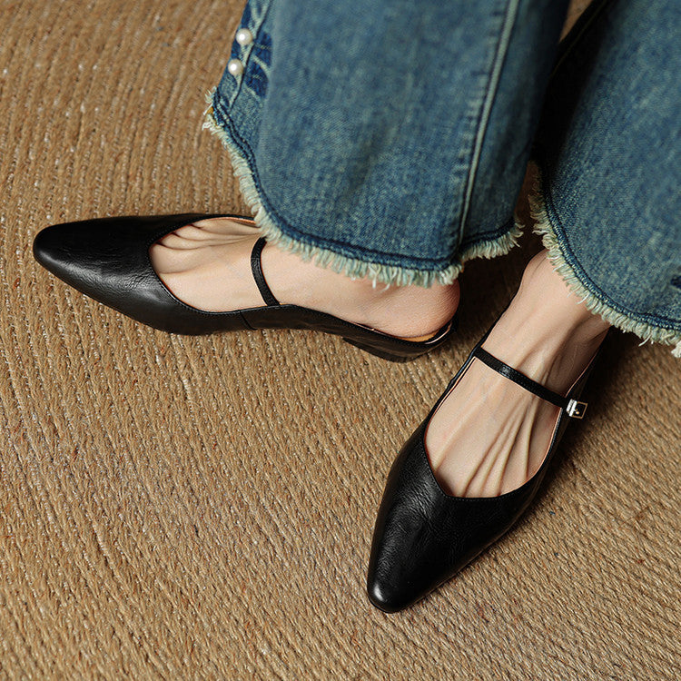 Elaine Foxbury | Pointed Toe Leather Buckle Flat For Women