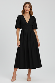 Arabella Sinclair | Puff Sleeve V-Neck Midi Dress For Women