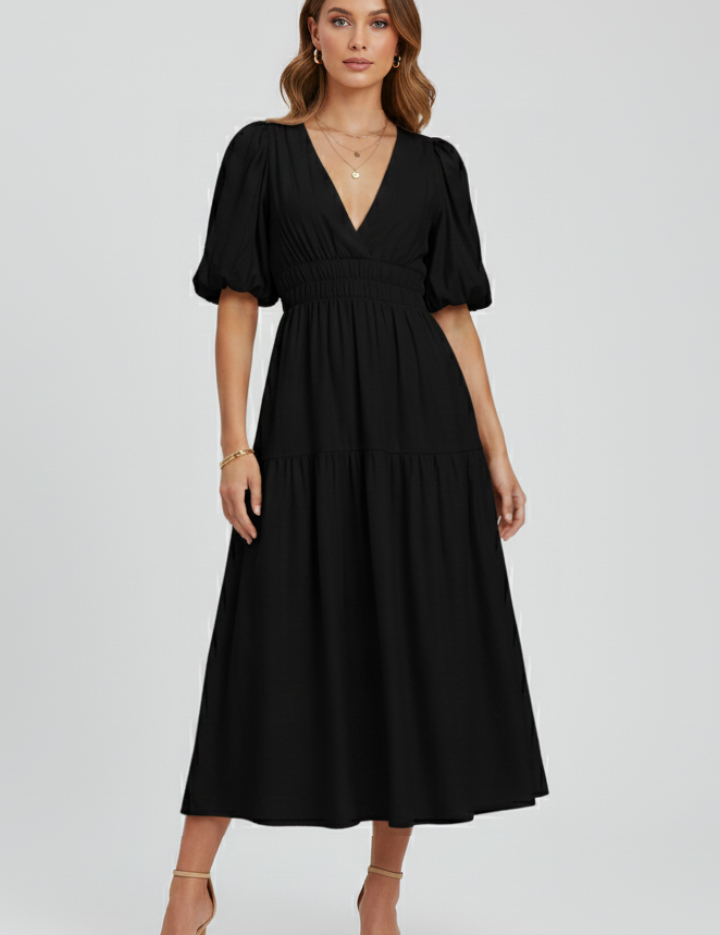 Arabella Sinclair | Puff Sleeve V-Neck Midi Dress For Women