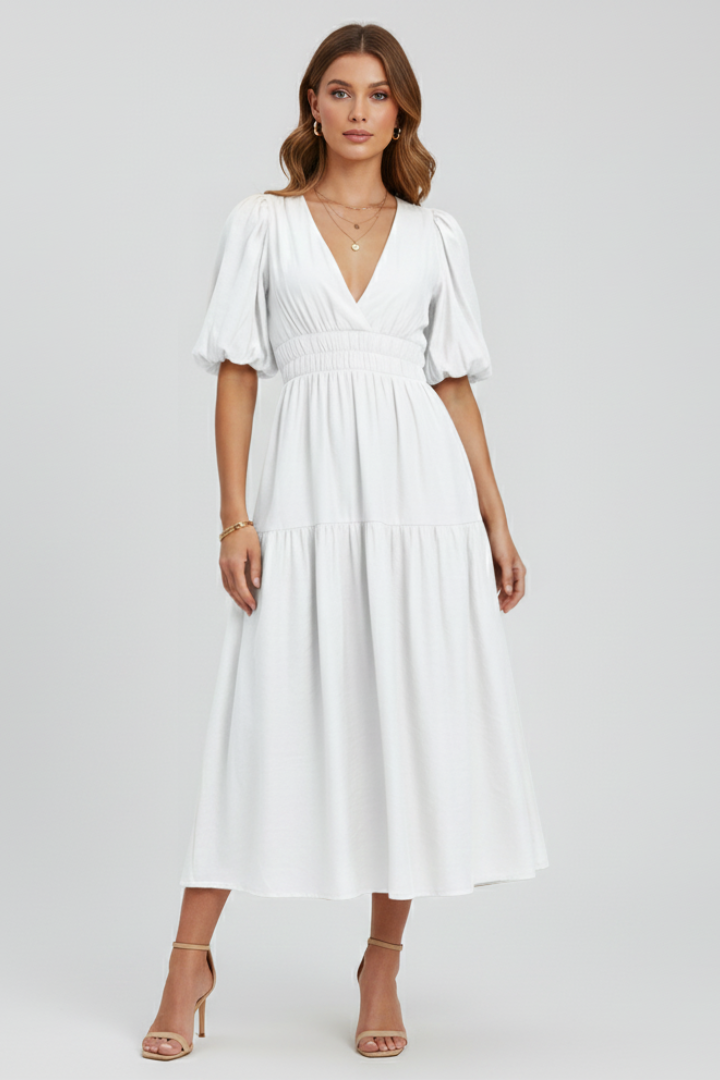 Arabella Sinclair | Puff Sleeve V-Neck Midi Dress For Women