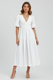 Arabella Sinclair | Puff Sleeve V-Neck Midi Dress For Women