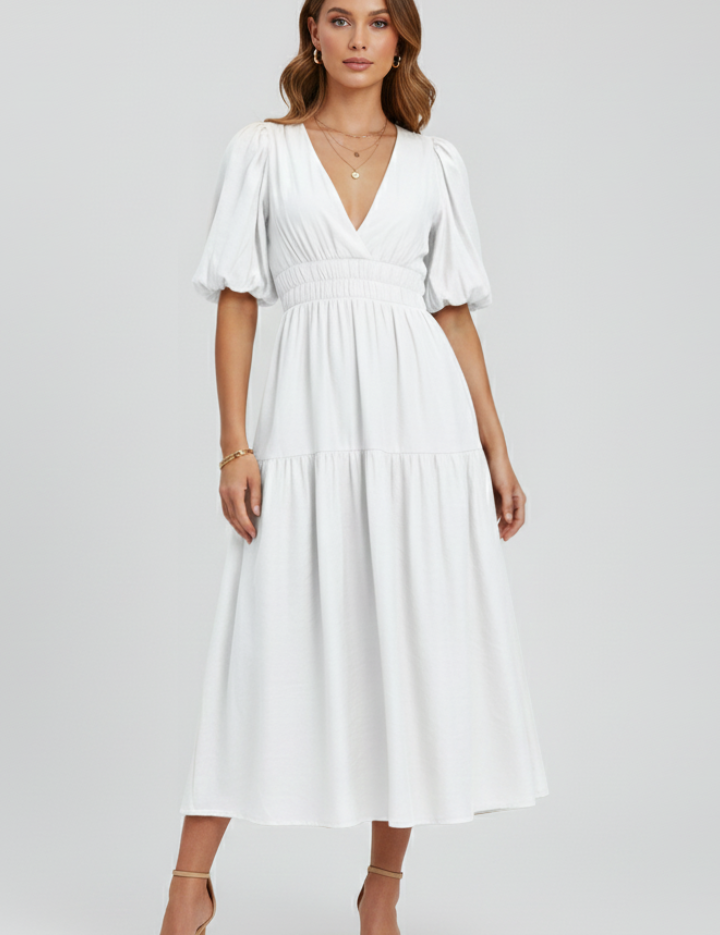 Arabella Sinclair | Puff Sleeve V-Neck Midi Dress For Women