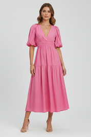 Arabella Sinclair | Puff Sleeve V-Neck Midi Dress For Women