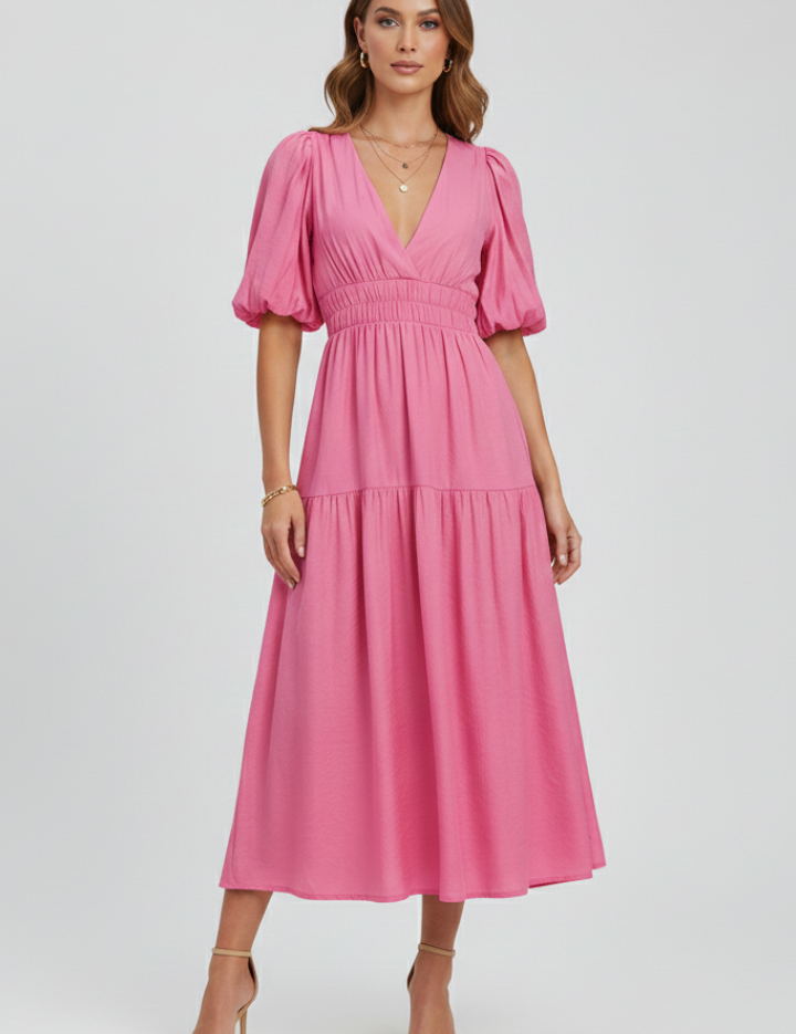 Arabella Sinclair | Puff Sleeve V-Neck Midi Dress For Women
