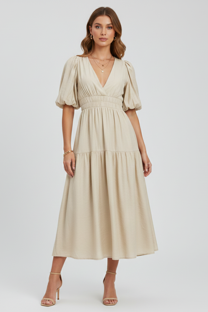Arabella Sinclair | Puff Sleeve V-Neck Midi Dress For Women