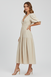 Arabella Sinclair | Puff Sleeve V-Neck Midi Dress For Women