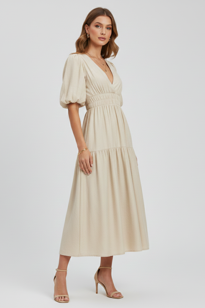 Arabella Sinclair | Puff Sleeve V-Neck Midi Dress For Women