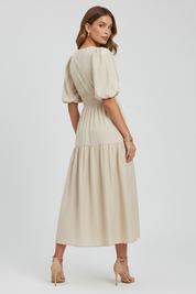 Arabella Sinclair | Puff Sleeve V-Neck Midi Dress For Women