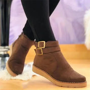 Evelyn Marchmont | Black Suede Buckle Ankle Boots For Women