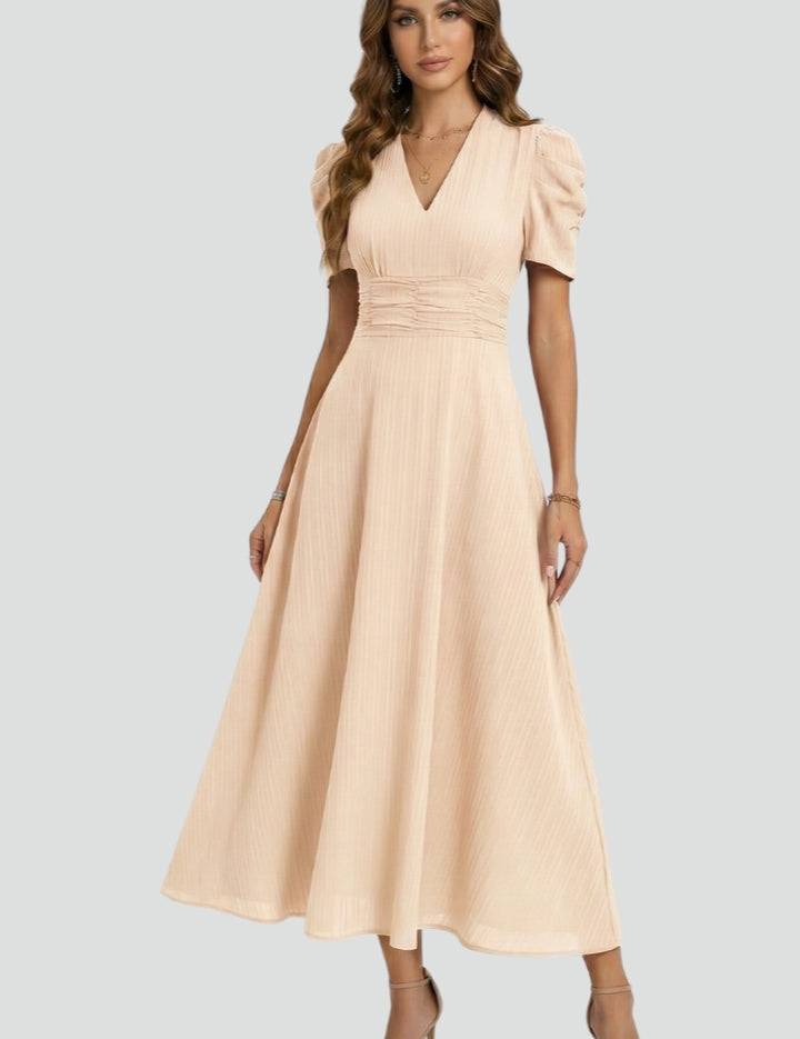 Sophia Wrenfield | Ruched Waist V-Neck Midi Dress For Women