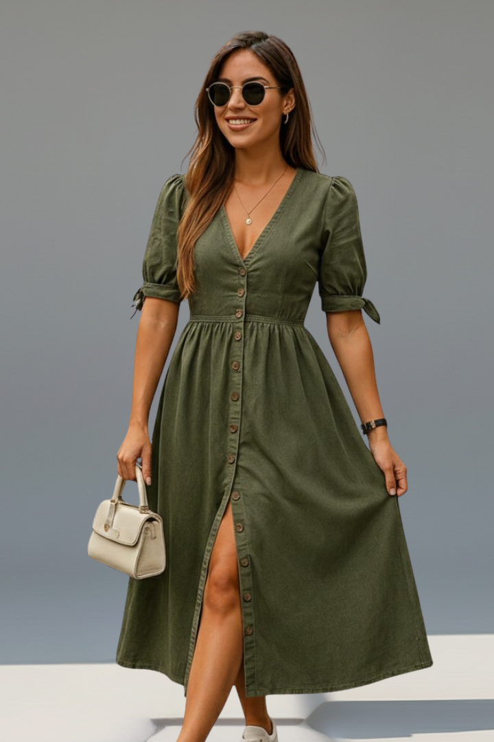 Caroline Whitfield | Button-Front Denim Midi Dress For Women