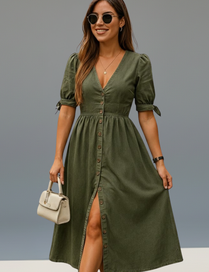 Caroline Whitfield | Button-Front Denim Midi Dress For Women