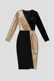 Nadine Bellcourt | Gold Sequin & Black Wrap Midi Dress For Women