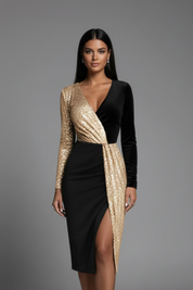 Nadine Bellcourt | Gold Sequin & Black Wrap Midi Dress For Women