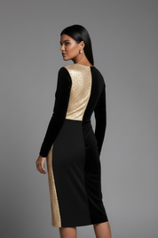 Nadine Bellcourt | Gold Sequin & Black Wrap Midi Dress For Women