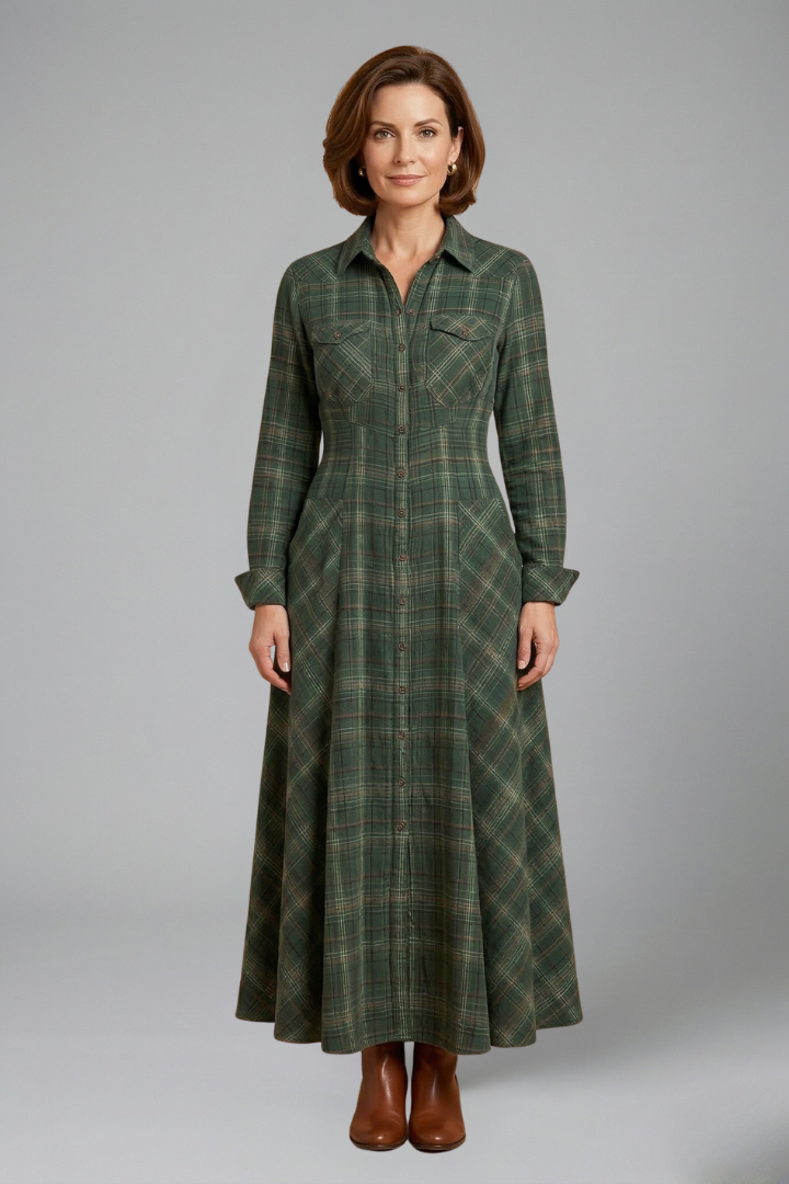 Catherine Aldridge | Plaid Maxi Shirtdress Long Sleeve For Women