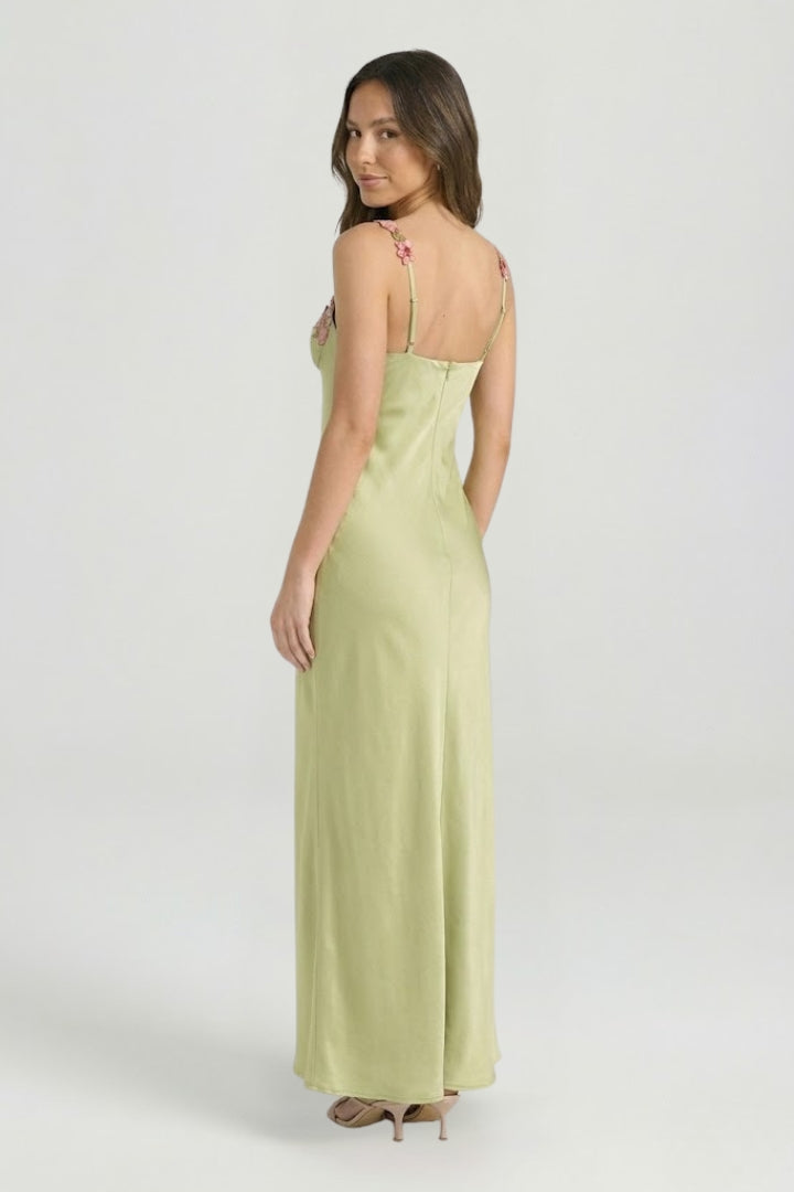 Genevieve Rosland | Floral Embroidered Satin Maxi Dress For Women